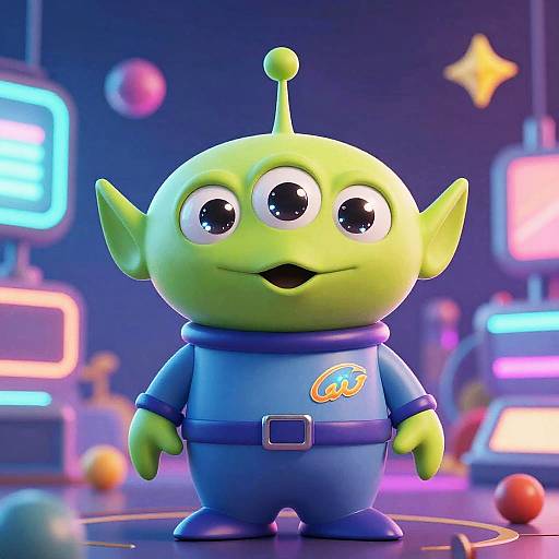 Cute Green Alien in Futuristic Cityscape