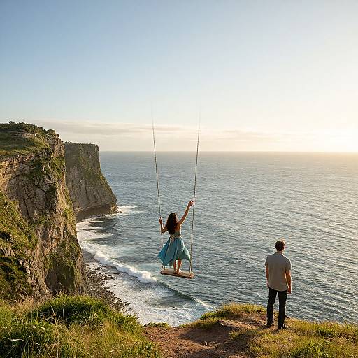 Photograph of a woman in a blue dress swinging on a rope swing above a cliffside ocean, with a man standing below. Sunlit, clear