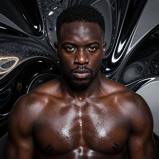 Photograph of a muscular, shirtless Black man with glossy, oiled skin and intense gaze, set against a dynamic, abstract black and white background