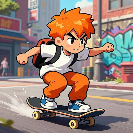 Digital cartoon of an orange-haired boy with a determined expression, skateboarding in an urban street with colorful graffiti and buildings.