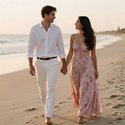 Photograph of a couple walking hand-in-hand on a sandy beach at sunset, the man in a white shirt and pants, the woman in a pink