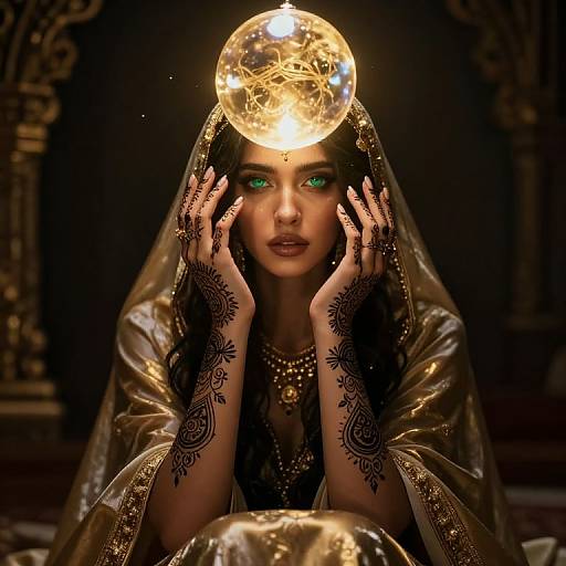 Digital artwork of a woman with green eyes, dark hair, and intricate henna tattoos, wearing a gold veil and jewelry, with a glowing moon on