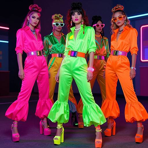 Photograph of five women in neon-colored, 1980s-inspired jumpsuits (pink, green, orange) with high heels, white sunglasses,