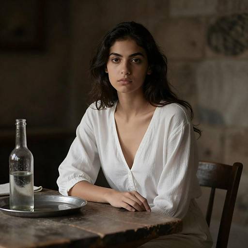 Serious Young Woman at Rustic Table