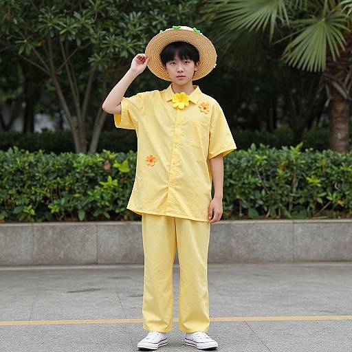 Photograph of an Asian boy in yellow outfit and straw hat, standing on pavement with green bushes and palm trees in background. He adjusts his hat and