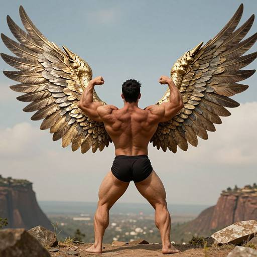 Muscular man with golden wings stands flexing, back to camera, in black shorts, overlooking a scenic valley with cliffs. Photorealistic CGI.