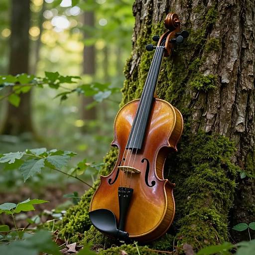 Photograph of a wooden violin leaning against a moss-covered tree in a sunlit forest, surrounded by green leaves and blurred background.