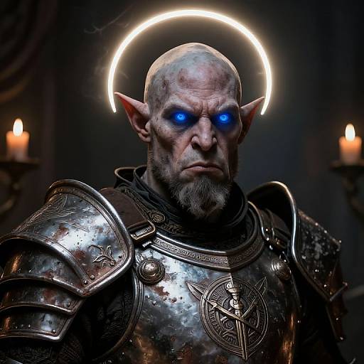 Photorealistic digital art of a bald, blue-eyed, muscular orc with pointed ears, wearing detailed, bloodstained medieval armor, illuminated by glowing