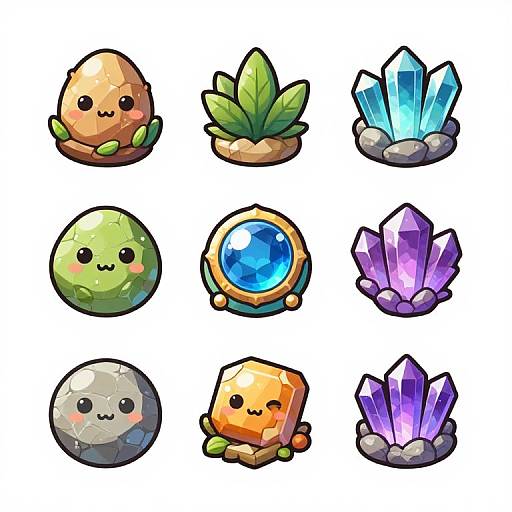 Cute digital illustration of nine chibi-style, pastel-colored crystals with adorable faces, each on a small base or plant, featuring blue, green