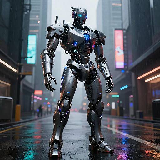 Cybernetic soldier stands on wet, neon-lit city street at night, rain falling, illuminated by colorful lights and tall skyscrapers.