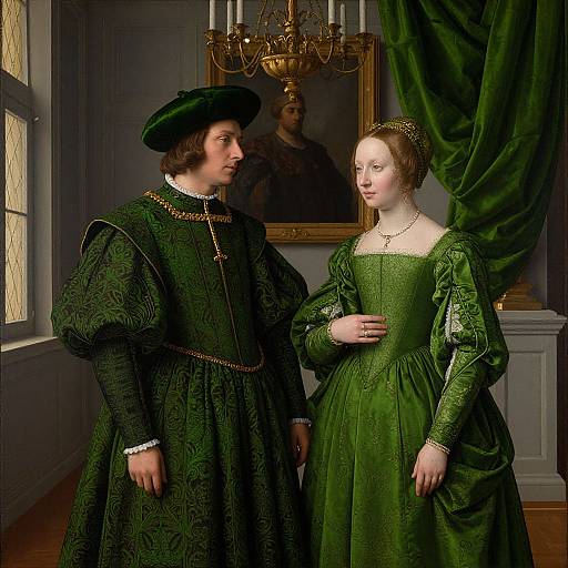 Photograph of 16th-century European couple in green Renaissance-style clothing, standing in dimly lit room with wooden floor and green curtains. Chandelier
