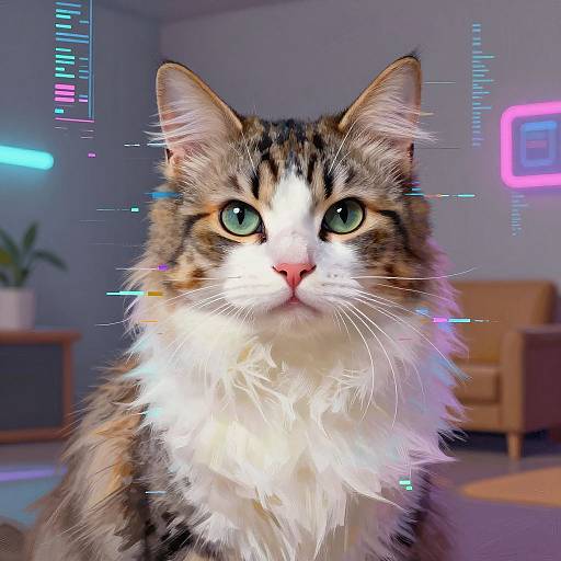 Painterly Glitch Art Cat in Futuristic Room