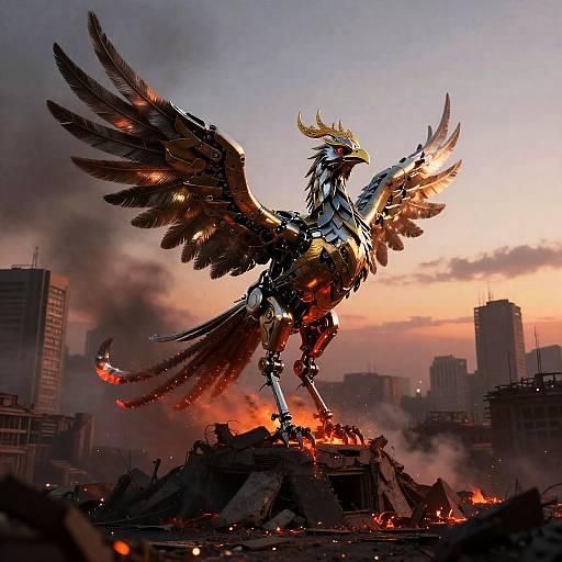 Mechanical Phoenix Rising Over Ember Ruins