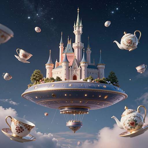 Photorealistic digital art: Floating castle with colorful towers, surrounded by teacups and saucers, against a starry night sky. Wh