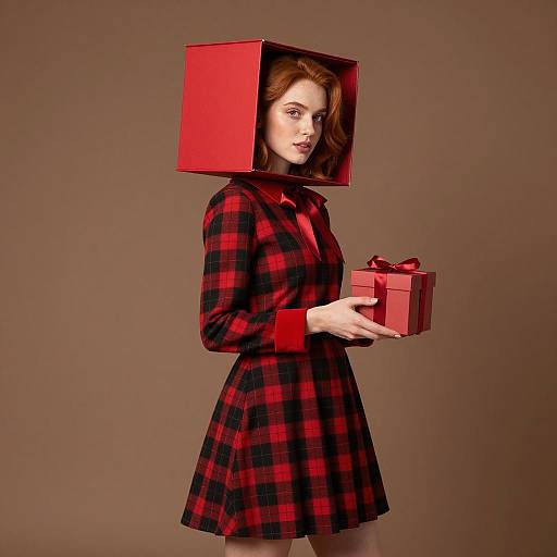 Woman Wearing Red Box Costume Holding Gift