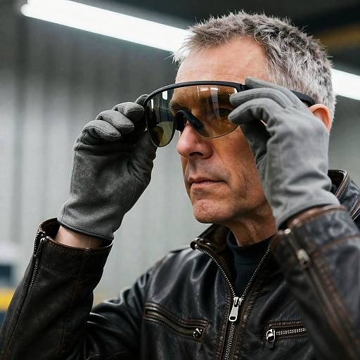 Focused Man with Reflective Visor in Leather