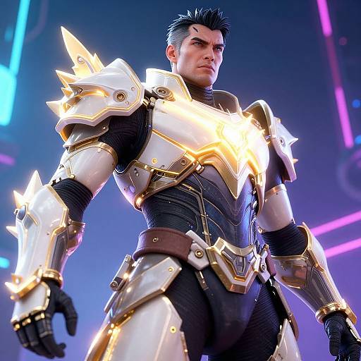 CGI image of a muscular, dark-haired man in glowing, gold-accented futuristic armor, standing confidently against a neon-lit background.