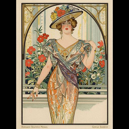 Art Nouveau illustration of a fair-skinned woman in an ornate, floral-patterned gown, holding a sheer fabric, wearing a flower-adorn
