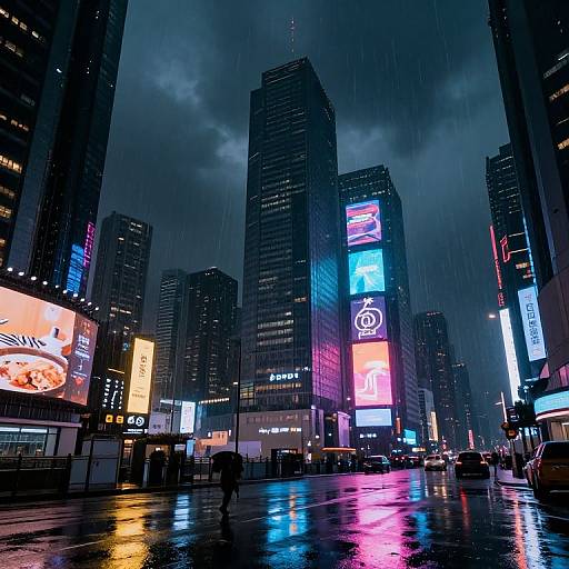 Photograph of a rainy, neon-lit cityscape at night with towering skyscrapers, vibrant billboards, and reflective wet streets.