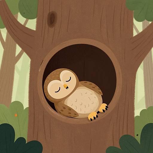 Cartoon owl with closed eyes, brown and beige feathers, sleeping peacefully in a hollow tree, surrounded by green foliage. Digital art style.