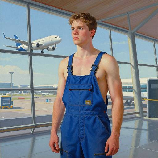 Photograph of a muscular, shirtless young man with short brown hair in blue overalls, standing in a bright airport terminal with a Delta airplane landing