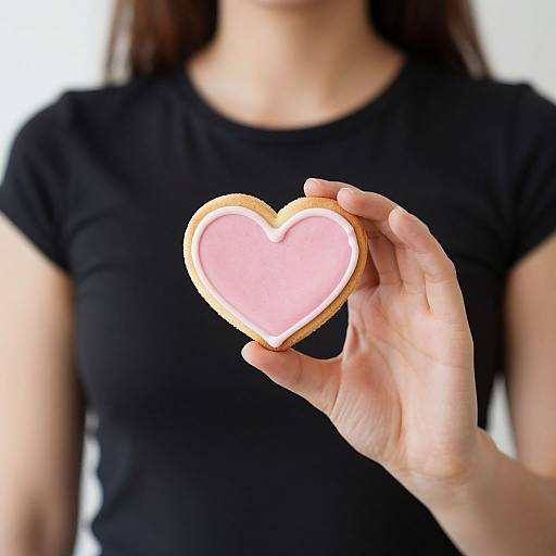 Photograph of a woman's hand holding a pink heart-shaped cookie with white icing, against a blurred black shirt background.