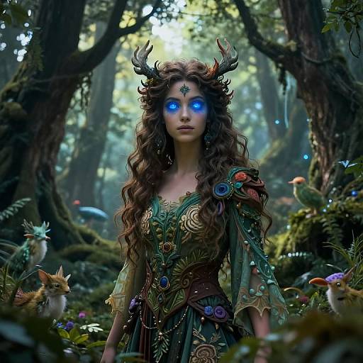Fantasy forest scene with a glowing blue-eyed, horned woman in intricate, green, floral armor, surrounded by mushrooms and small creatures. Digital art