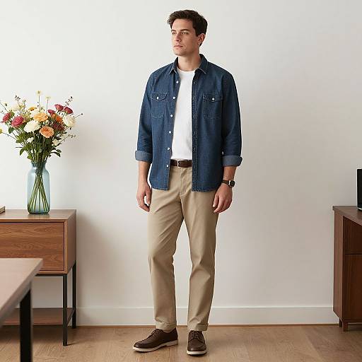 Photograph of a young man in a denim shirt, white tee, beige pants, and brown shoes, standing by a wooden table with a vase of