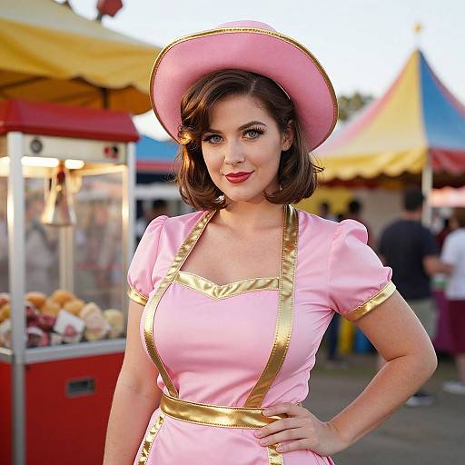 Photograph of a fair-skinned woman with wavy brown hair, wearing a pink dress with gold trim, matching pink hat, and red lipstick,