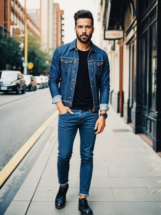 Man in Stylish Denim Outfit Walking on City Street