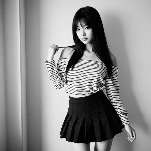 Woman in Striped Off-Shoulder Blouse and Black Skirt
