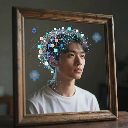 Photograph of an Asian man with short black hair reflected in a wooden-framed mirror, adorned with digital blue and white geometric patterns, wearing a white