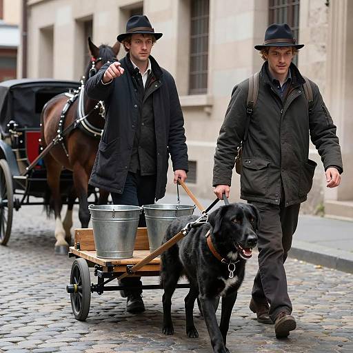 Two Men with Dog Pulling Cart on Cobblestone Street
