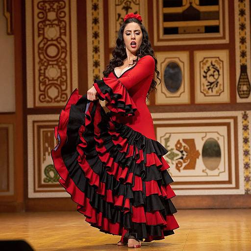 Photograph of a dark-haired woman with red lipstick, wearing a red and black ruffled dress, performing on a wooden stage with ornate, pattern