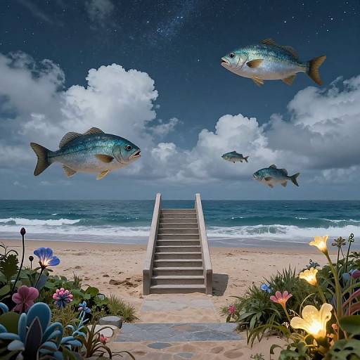 Digital art of a beach staircase leading to ocean, flanked by colorful flowers, with four fish swimming in a starry night sky.