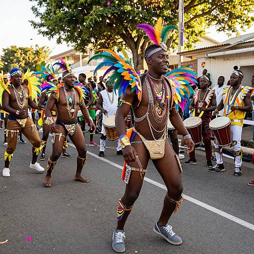 Photograph: African male dancers in colorful feathered headdresses, gold chain accessories, and brown loincloths, marching in a vibrant street parade