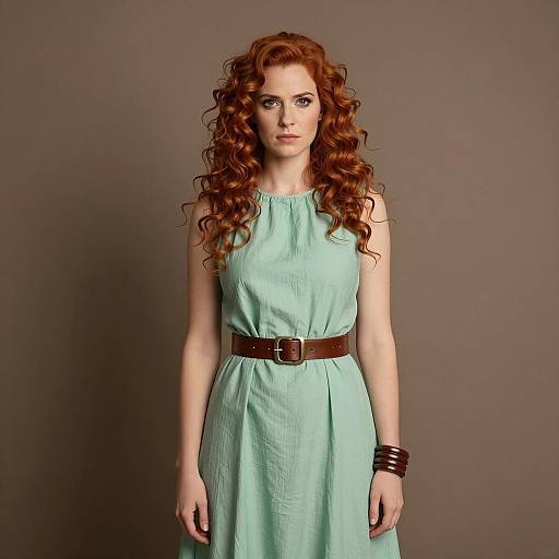 Red-haired woman in green dress