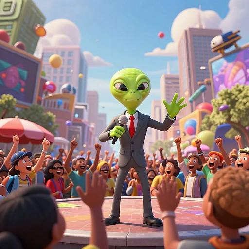 CGI image: Alien in a gray suit with red tie, microphone in hand, waving, standing on stage in colorful, crowded city street with balloons
