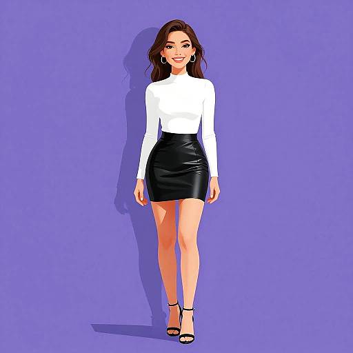 Digital illustration of a smiling woman with long brown hair, wearing a white long-sleeve top, black leather skirt, and black heels, standing against
