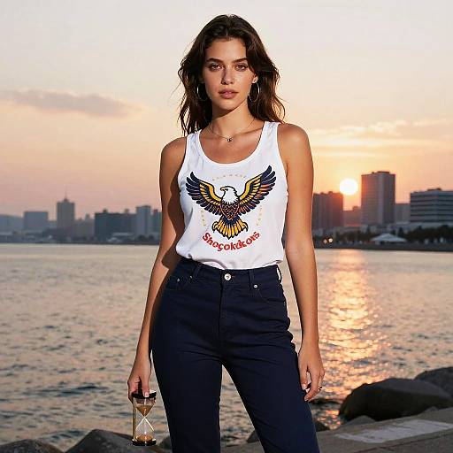 Photograph of a young woman with wavy brown hair, wearing a white tank top with a phoenix graphic, black high-waisted pants, standing