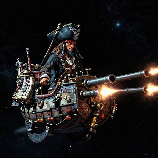 Digital illustration of a pirate with dreadlocks and skull hat, firing a dual-barreled cannon from a floating ship against a starry night sky.