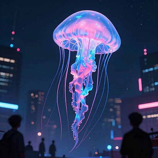 Photograph of a glowing, neon blue and pink jellyfish floating above a dark, cityscape with silhouetted people and illuminated buildings in the
