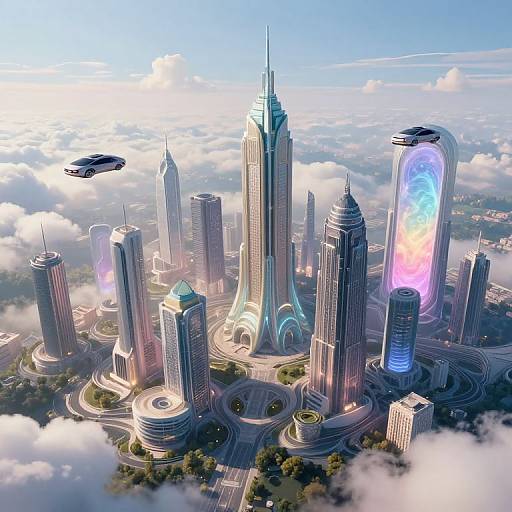 Photorealistic digital artwork of a futuristic cityscape with towering skyscrapers, glowing facades, flying cars, and cloud-covered background.
