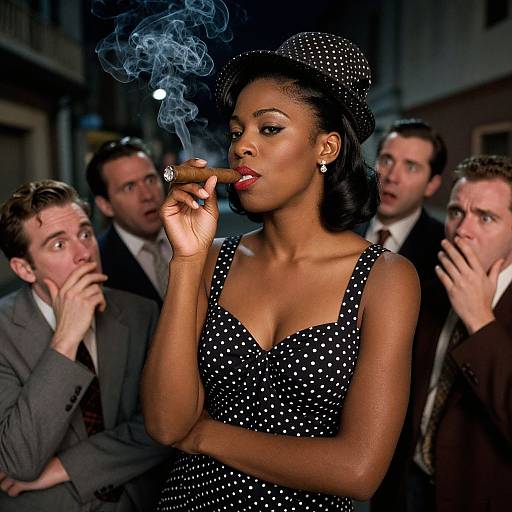 Photograph of confident Black woman in polka dot dress and hat smoking, surrounded by shocked white men in suits. Urban night scene.