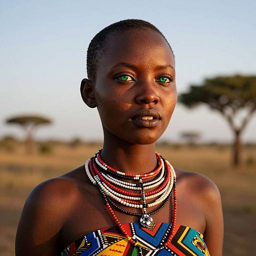 Photograph of a young African woman with dark skin, short hair, green eyes, wearing colorful bead necklaces and geometric-patterned top, against a