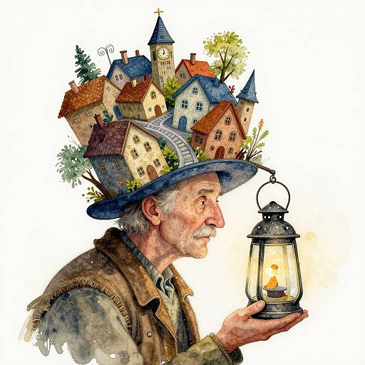 Watercolor illustration of an elderly man with a hat topped by a whimsical village, holding a glowing lantern, wearing rustic clothing.
