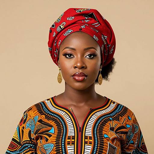 Photograph of an African woman with dark skin, red headwrap, gold earrings, and colorful geometric-patterned blouse, against a beige background.