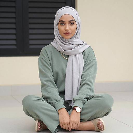 Young Woman in Gray Hijab Sitting