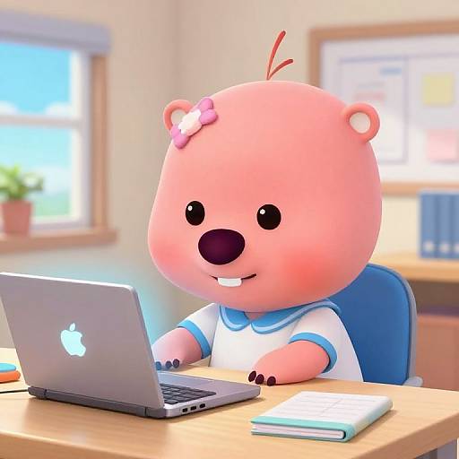 Cute pink cartoon beaver with flower on head, wearing sailor shirt, typing on glowing Apple laptop in bright classroom.