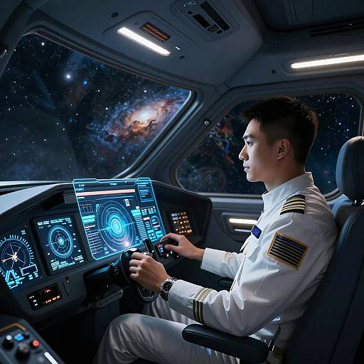 Photograph of an Asian male astronaut in white uniform, seated in spaceship cockpit, navigating with glowing blue holographic displays, viewing a starry, colorful